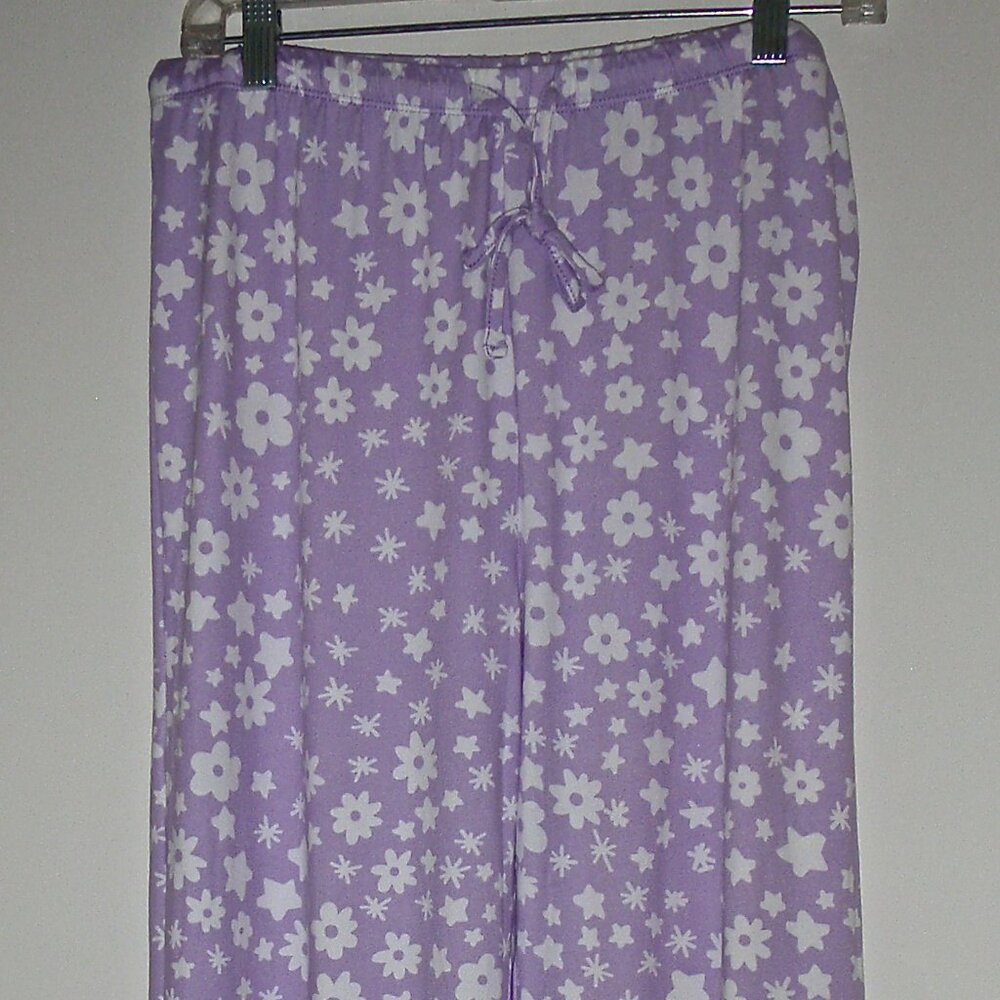 MIA & TESS WOMEN'S LOUNGE PANTS LAVENDER WITH WHITE FLOWERS & STARS SIZE L~NWT